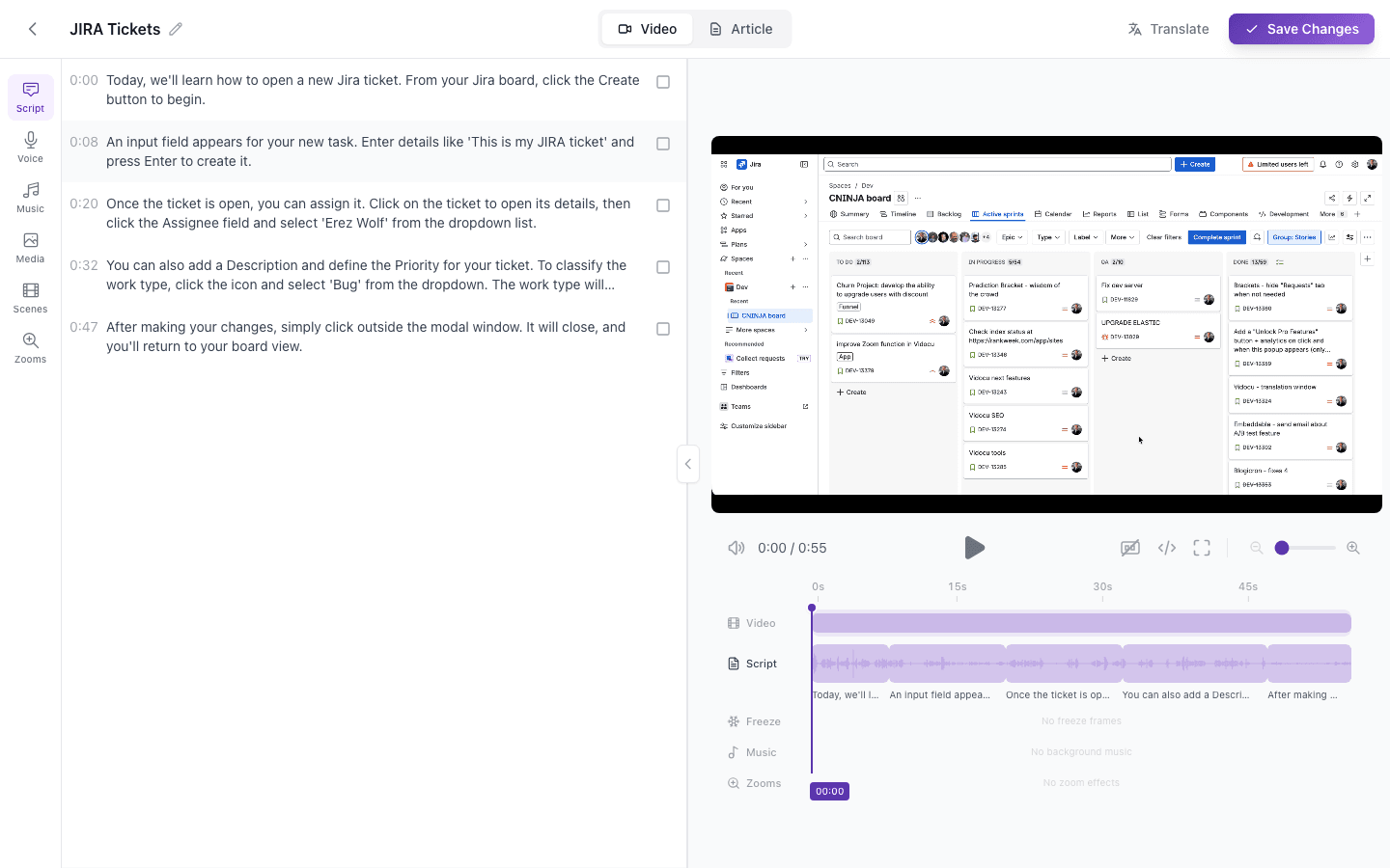 Vidocu video editor with subtitles, timeline, and AI voiceover