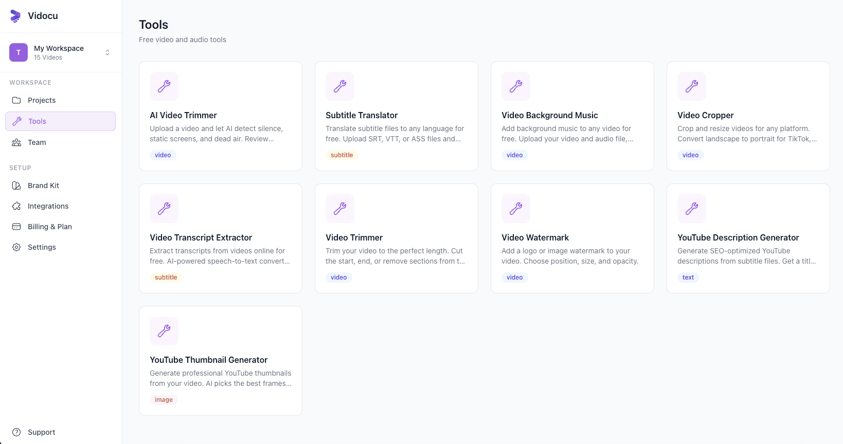 Vidocu free online video tools — trimmer, subtitles, transcripts, and more