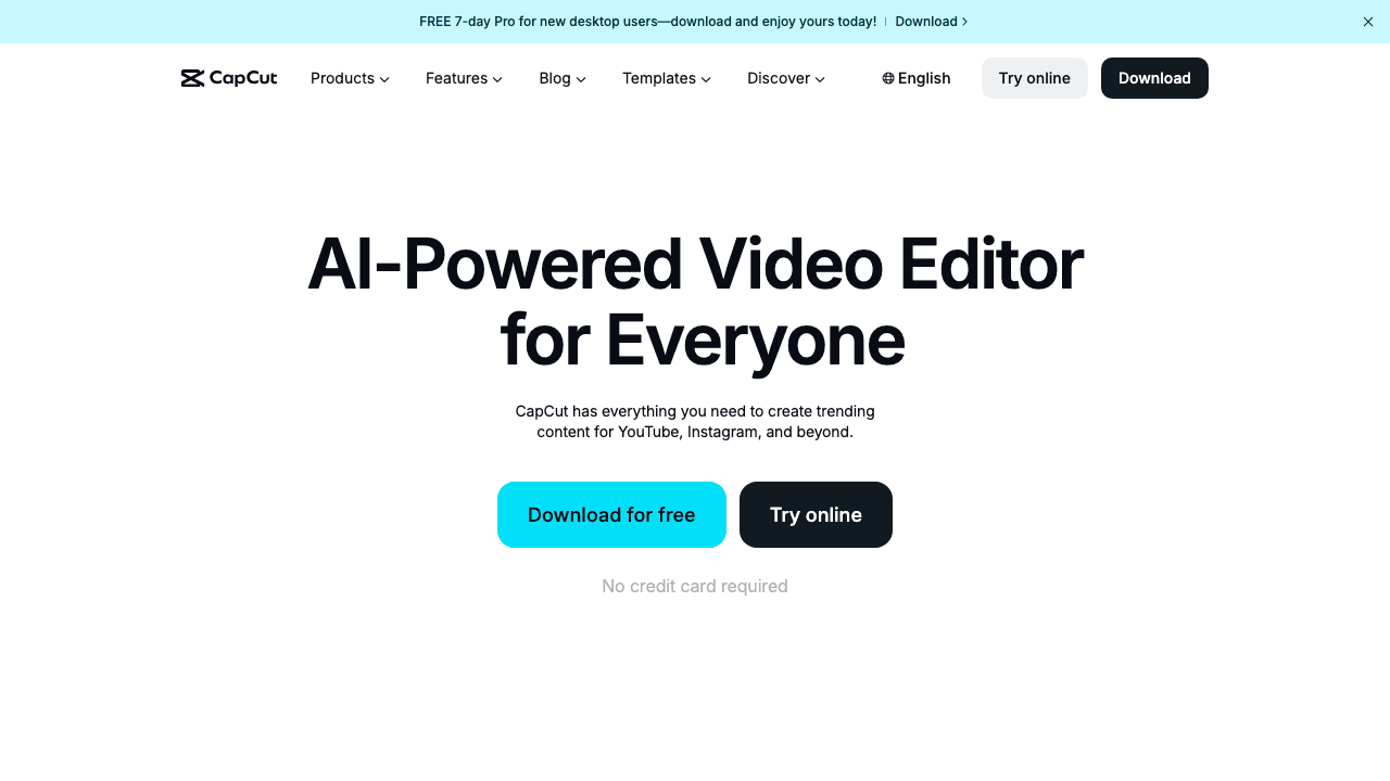 CapCut video editor homepage
