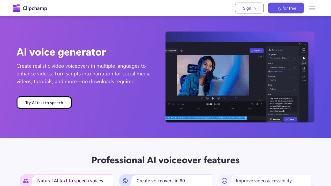 Clipchamp AI voiceover generator