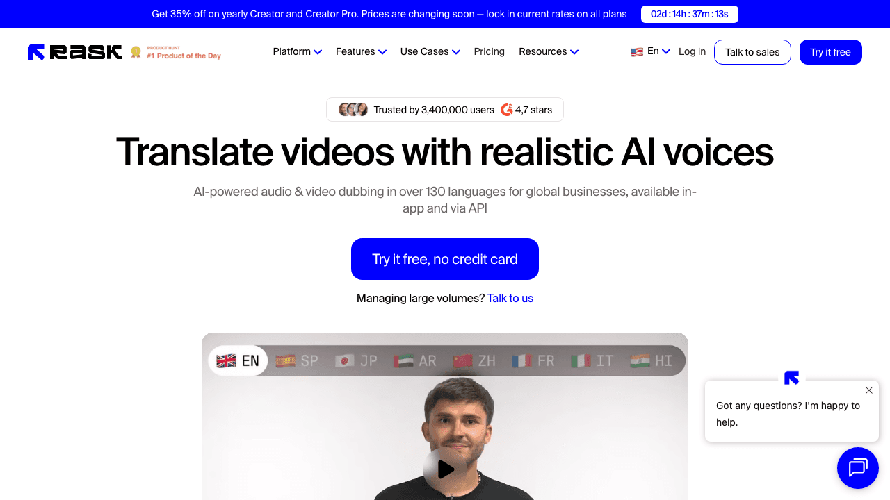Rask AI video localization homepage