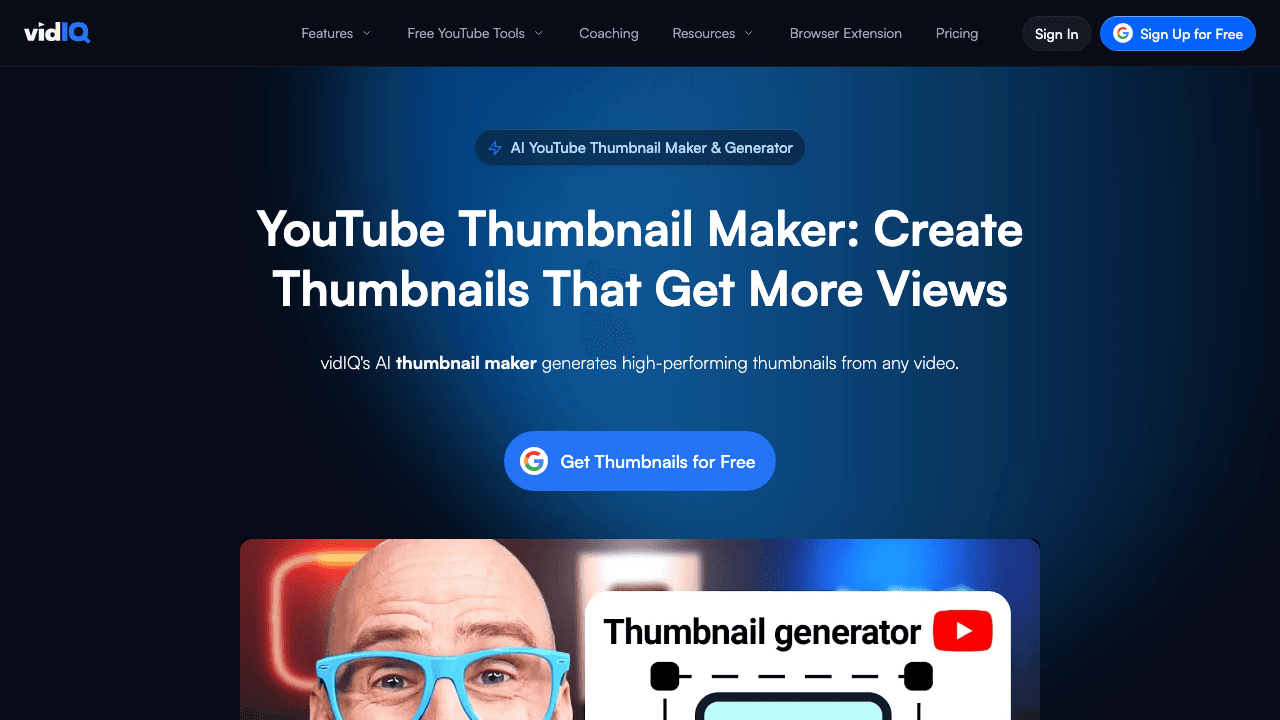 vidIQ AI Thumbnail Maker homepage