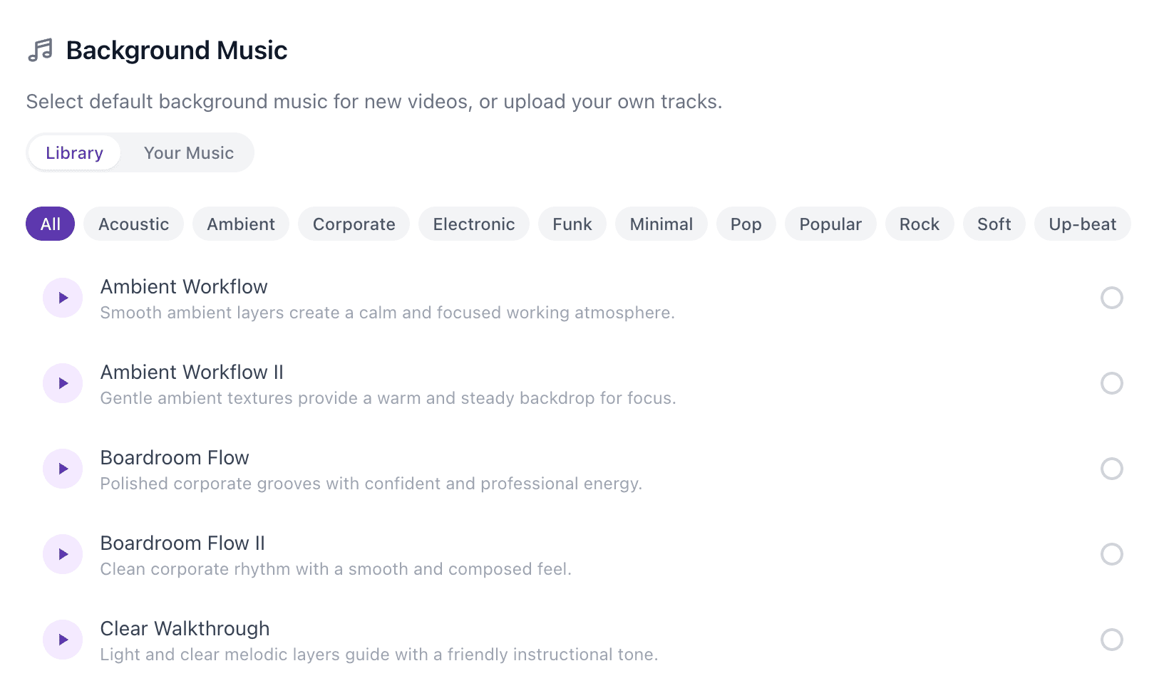 Vidocu background music library