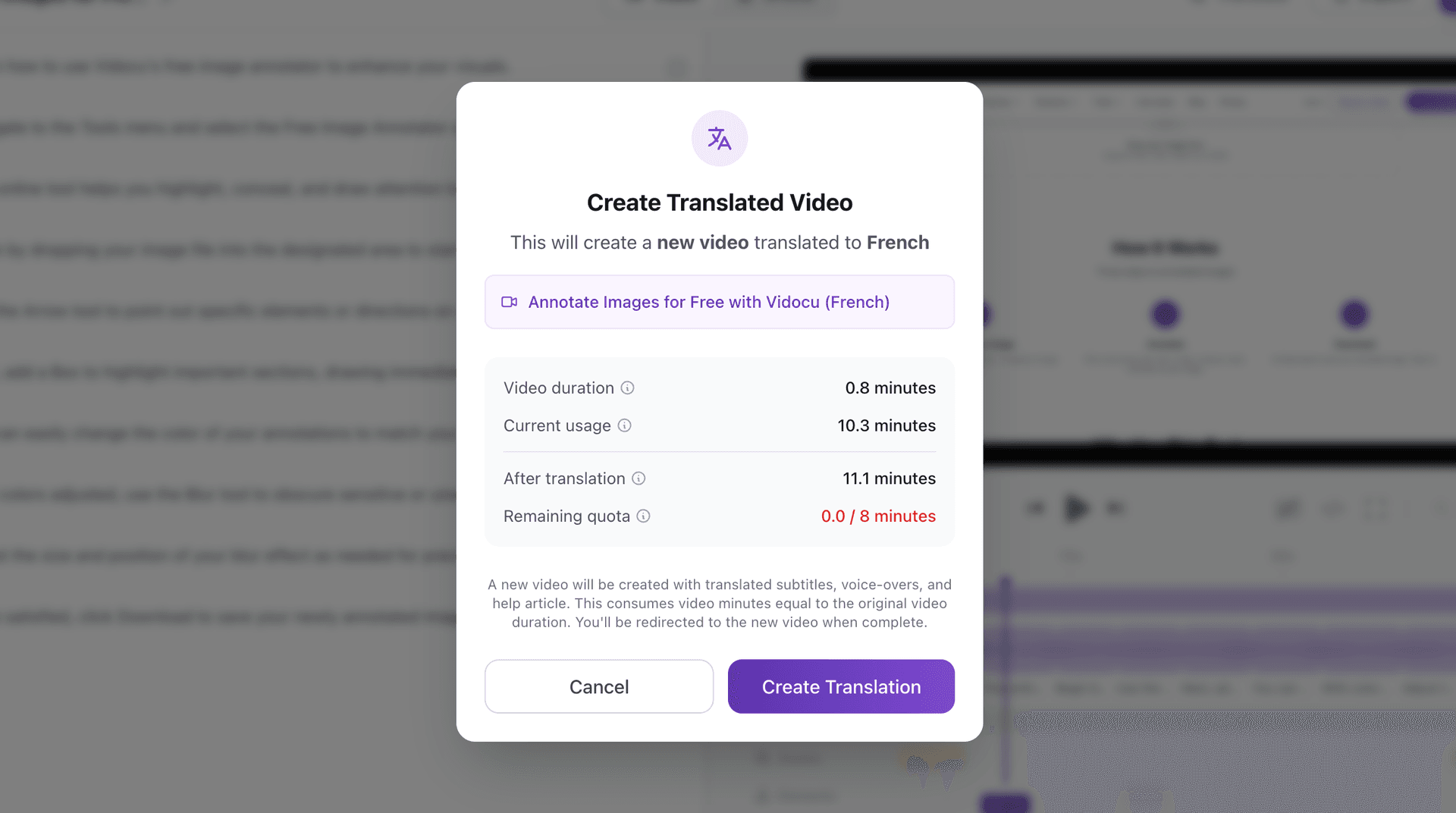 Vidocu translation dialog