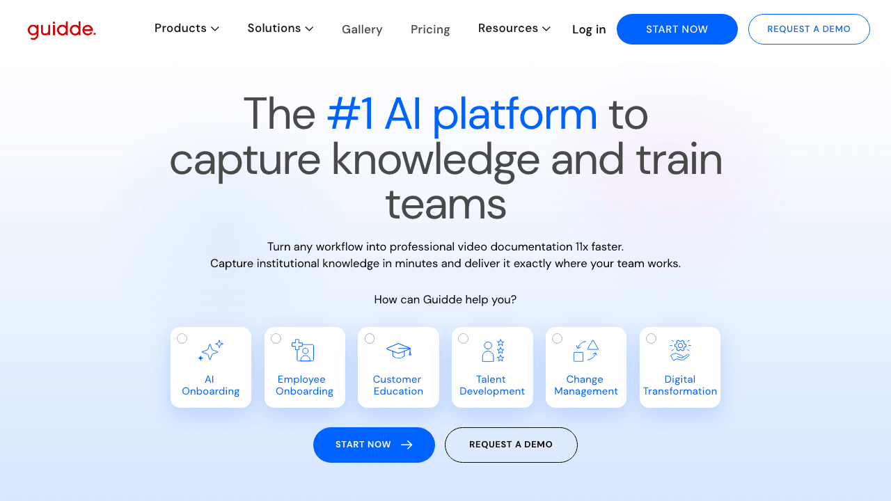 Guidde homepage for AI-generated video documentation