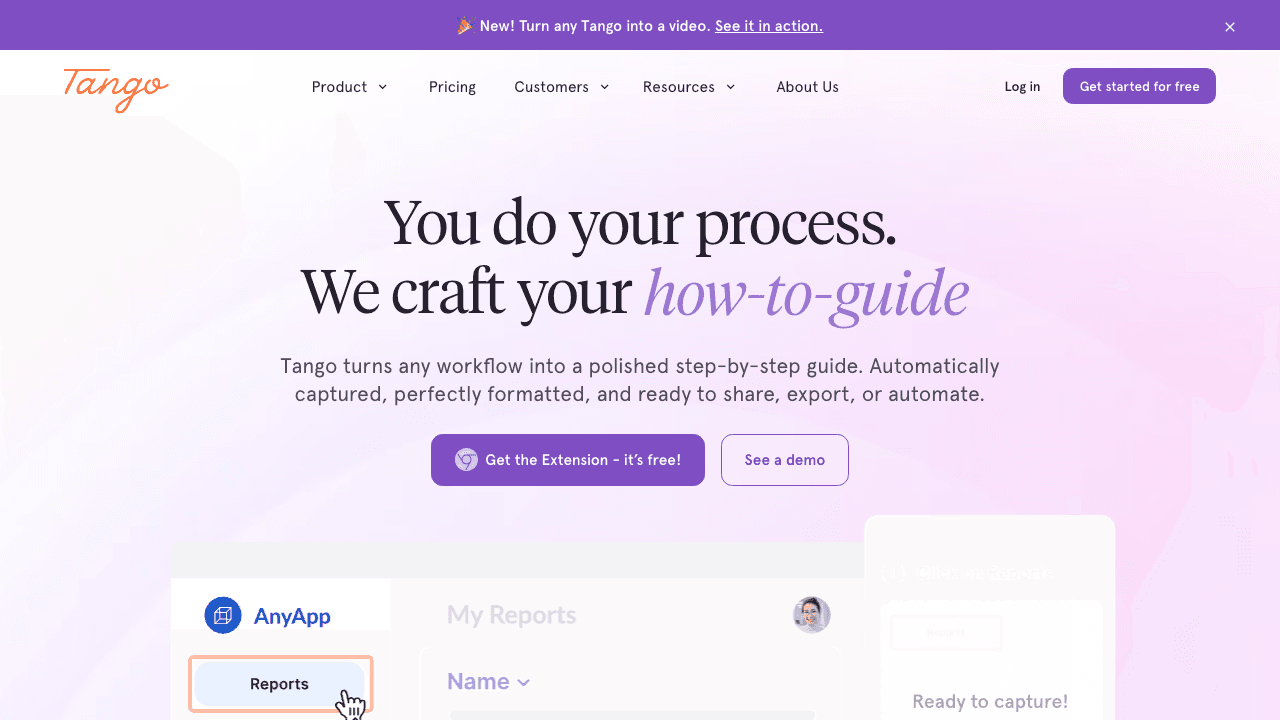 Tango homepage for automatic step-by-step guide capture