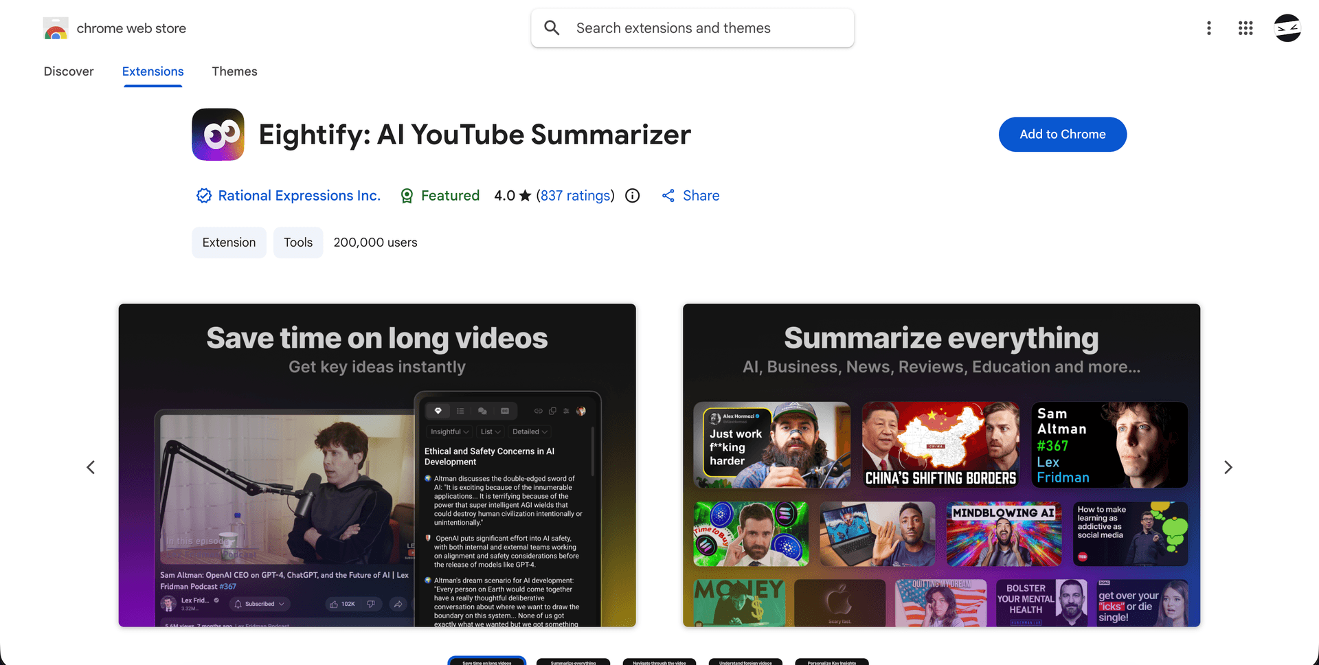 Eightify YouTube summarizer Chrome extension