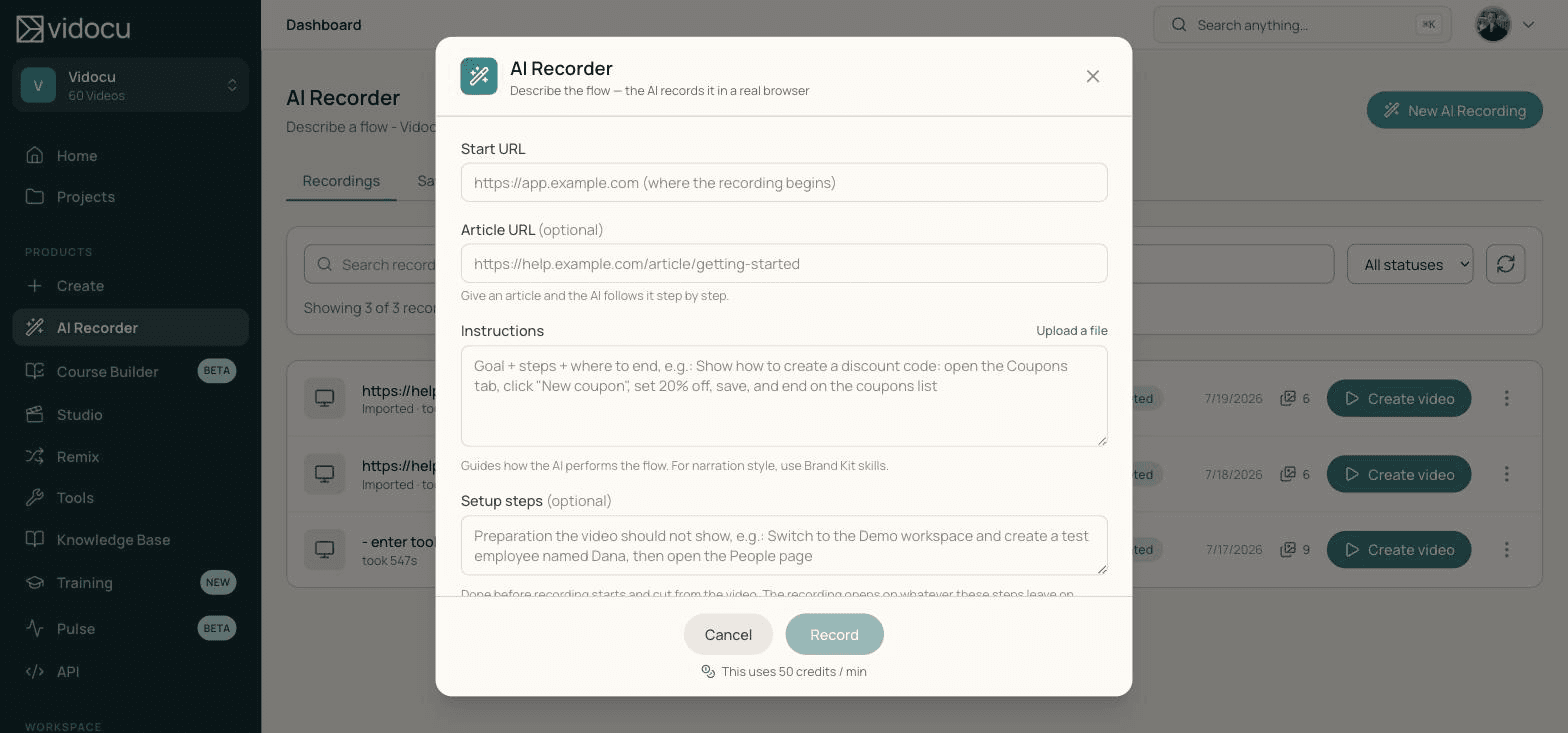 The AI Recorder brief: start URL, article URL, instructions, and setup steps, with credit metering shown at the bottom
