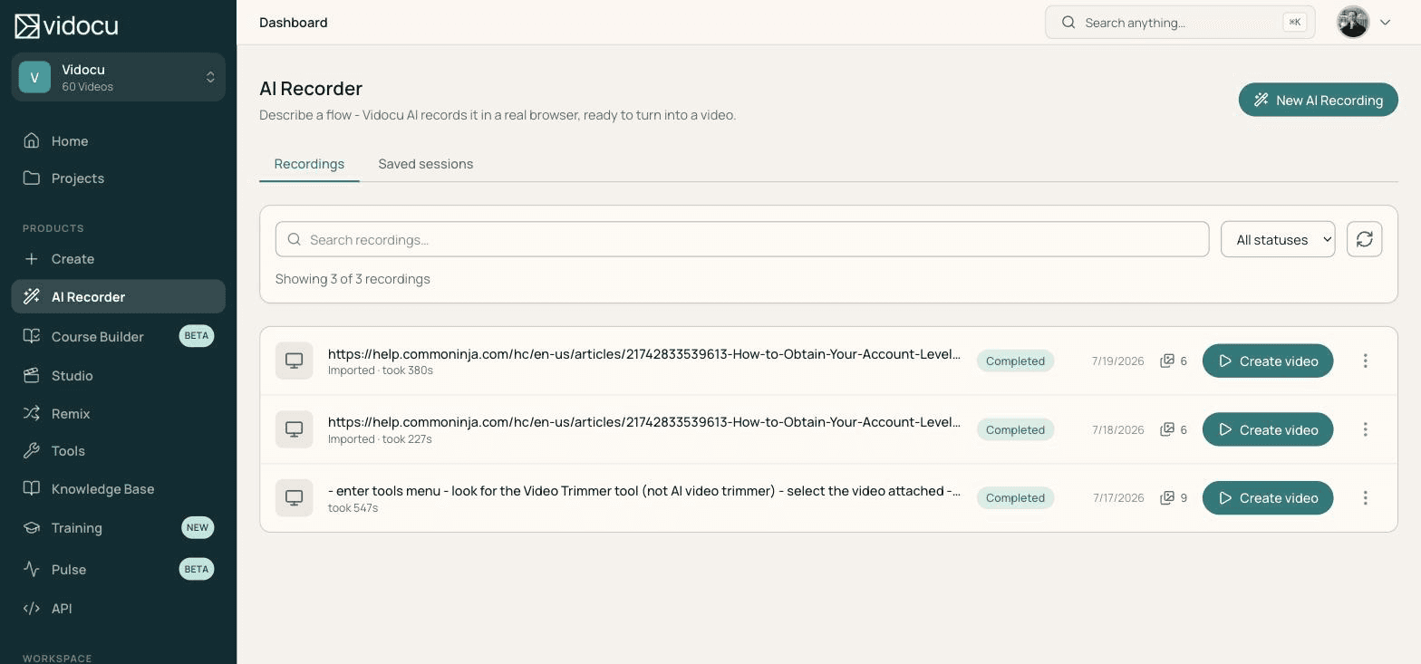 The AI Recorder tab in the Vidocu dashboard, listing completed recordings with step screenshot counts
