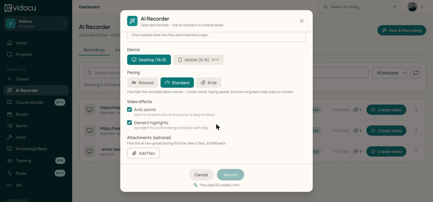 Device, pacing, and video effect controls: desktop or mobile, three pacing presets, auto zooms and element highlights