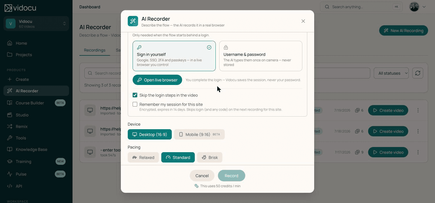 Two login options in the AI Recorder: sign in yourself in a live browser, or have the AI type credentials that are never stored