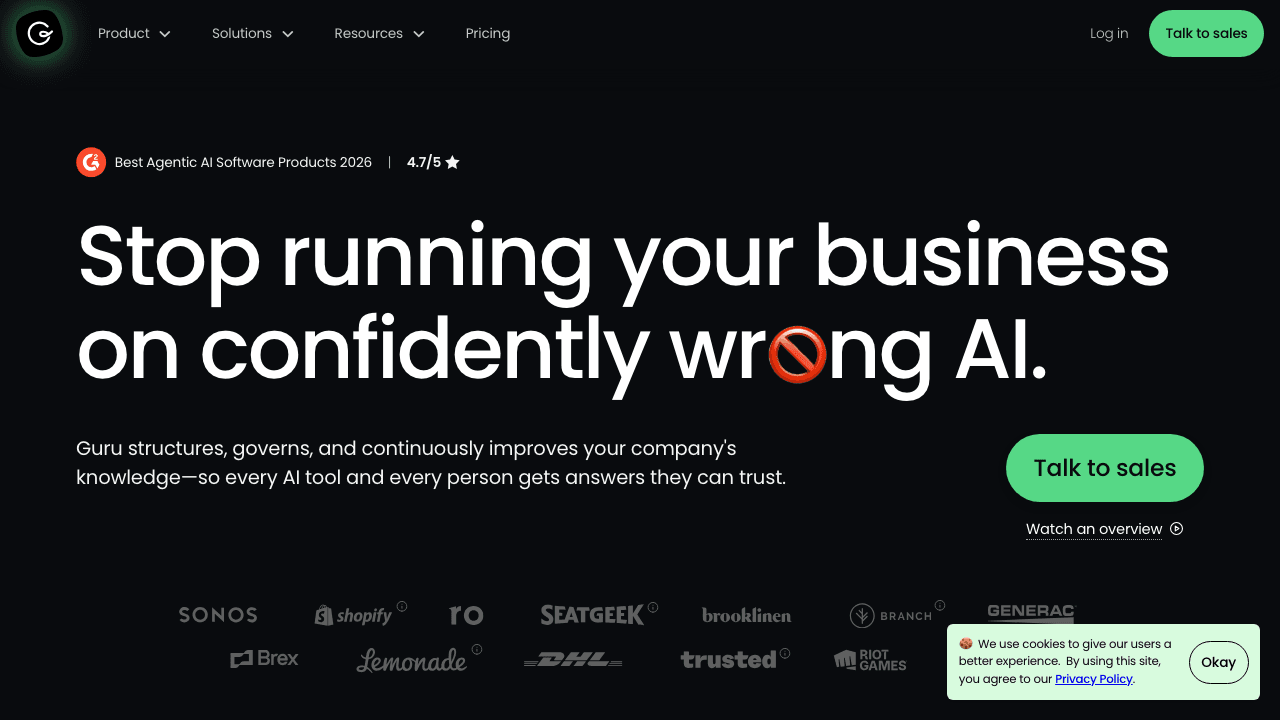 Guru AI knowledge platform homepage
