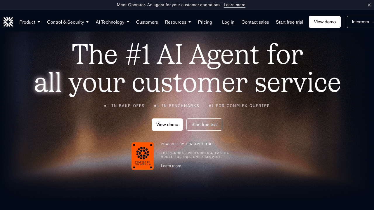 Intercom Fin AI agent homepage