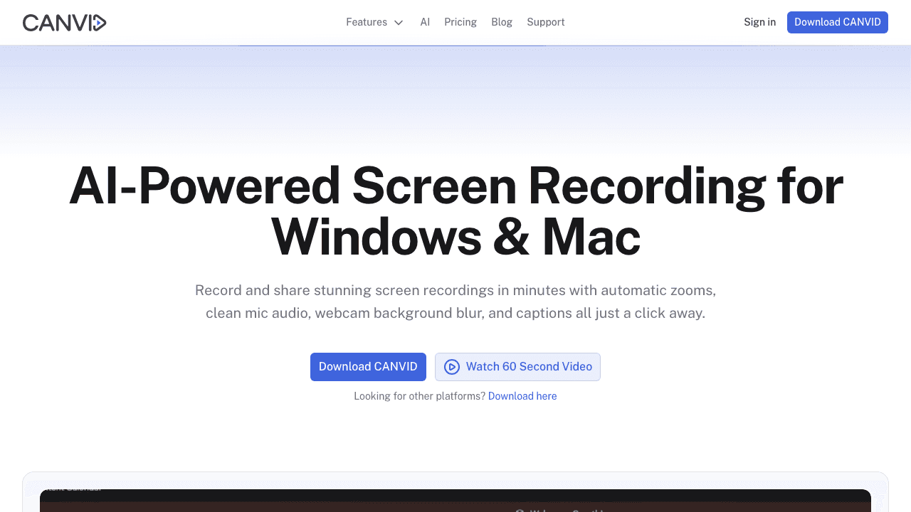 Canvid AI screen recording homepage