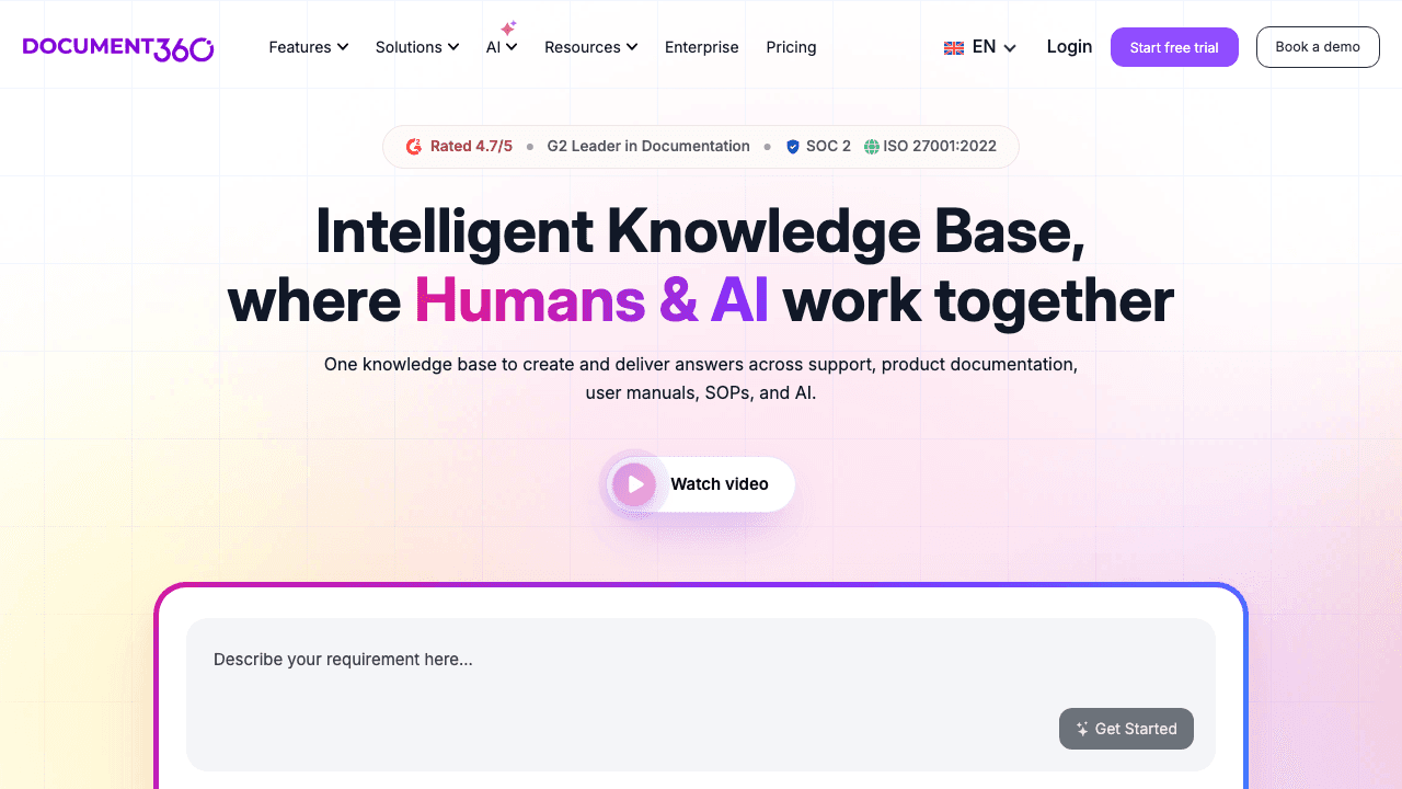 Document360 AI knowledge base feature page