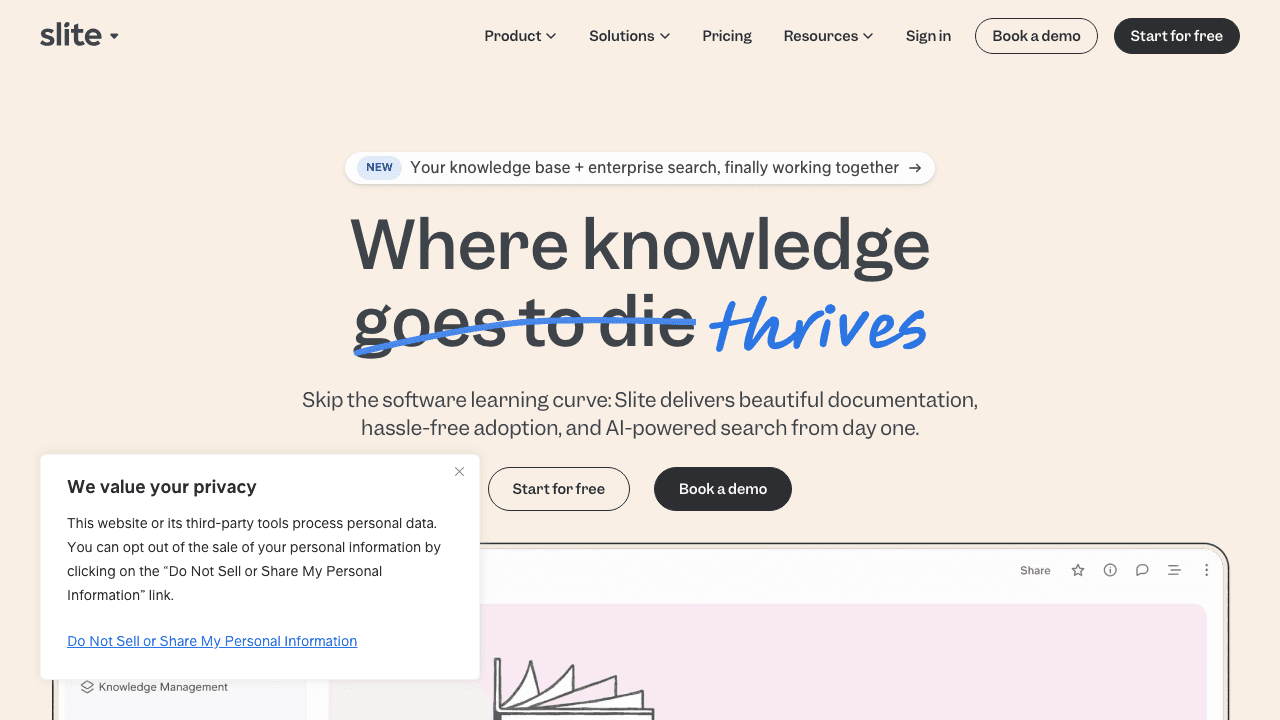 Slite AI knowledge base homepage