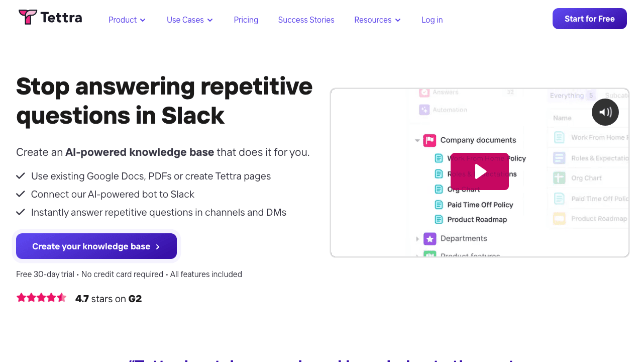 Tettra Slack-native AI knowledge base homepage